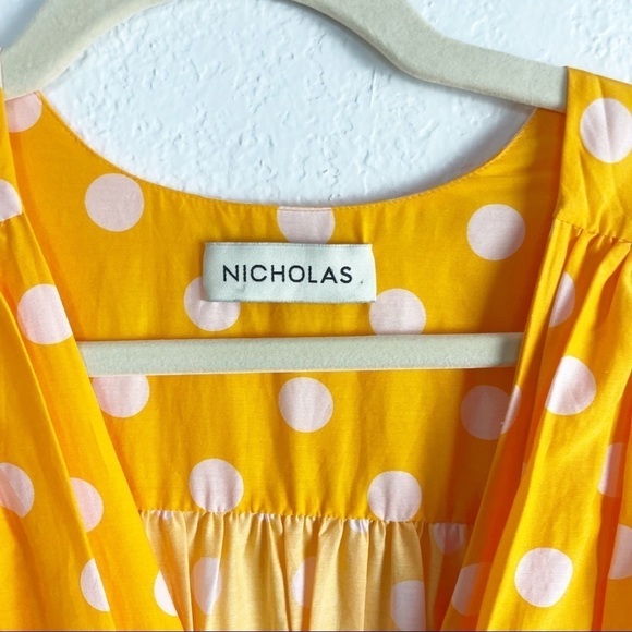 Nicholas Smocked Long Sleeve V-Neck Polka Dot Caftan Maxi Dress Silk Cotton - Picture 8 of 10